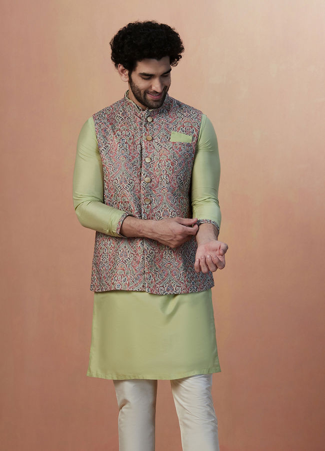 Multicolored Jacket With Lime Green Kurta Set image number 1